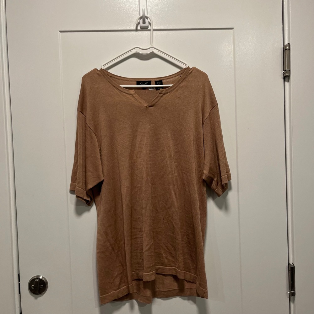 Genelli Mens Silk Cotton Knit V-Neck Short Sleeve Top Tan Brown Size Medium
